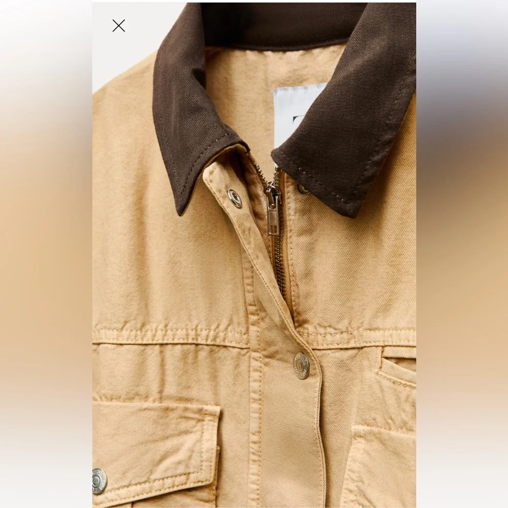 ZARA CONTRASTING COLLAR CROP JACKET XS 5520/071 BARN CHORE COAT FALL VIRAL - Picture 3 of 12